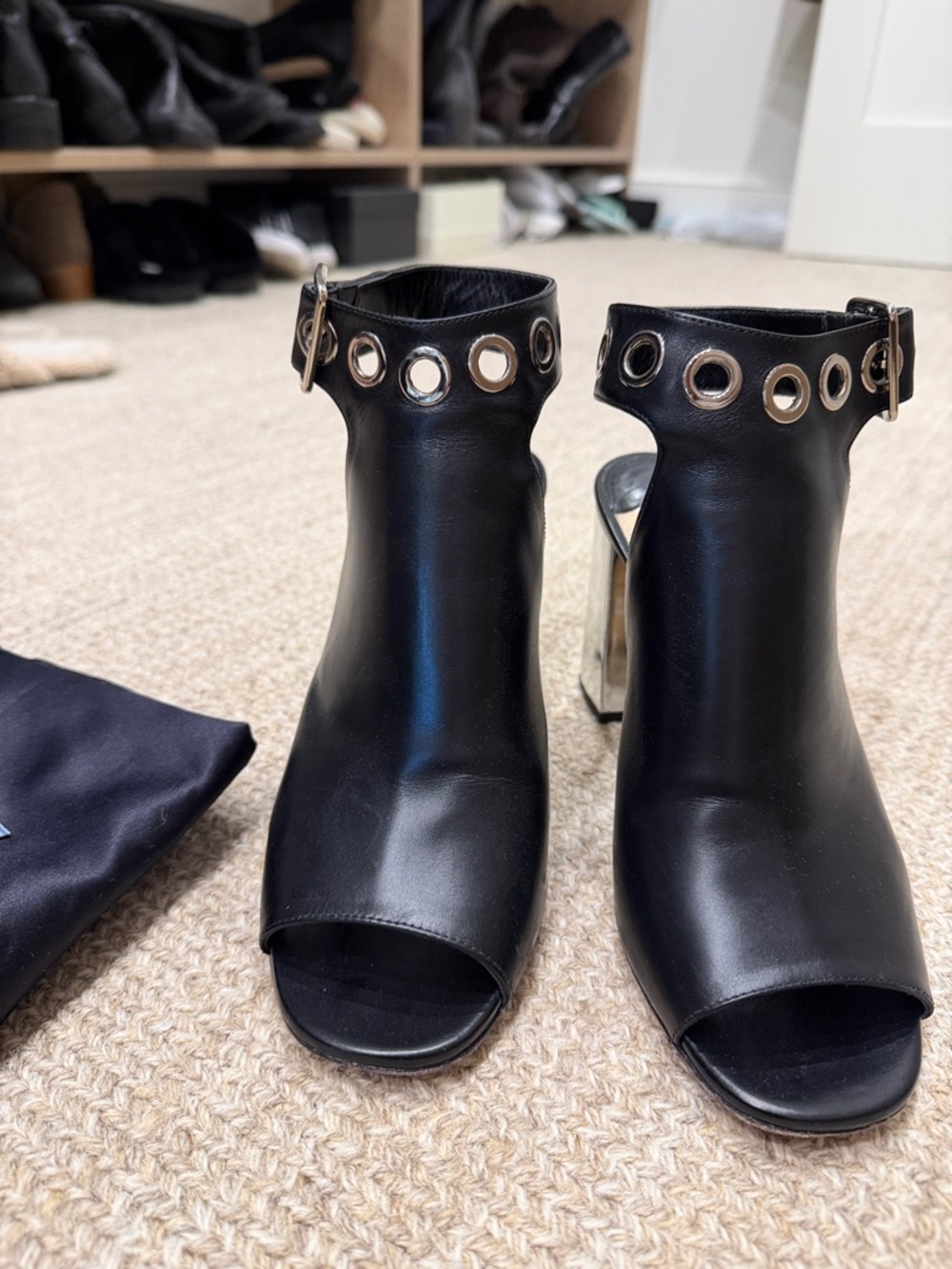 Vintage Prada Black Leather Peep-Toe Ankle Boots with Silver Eyelets - Picture 2 of 7